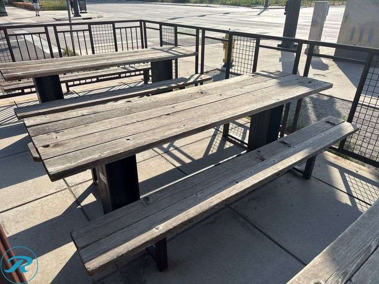 Wood and Metal Outdoor Picnic Table, 28.5” x 95” - Roller Auctions