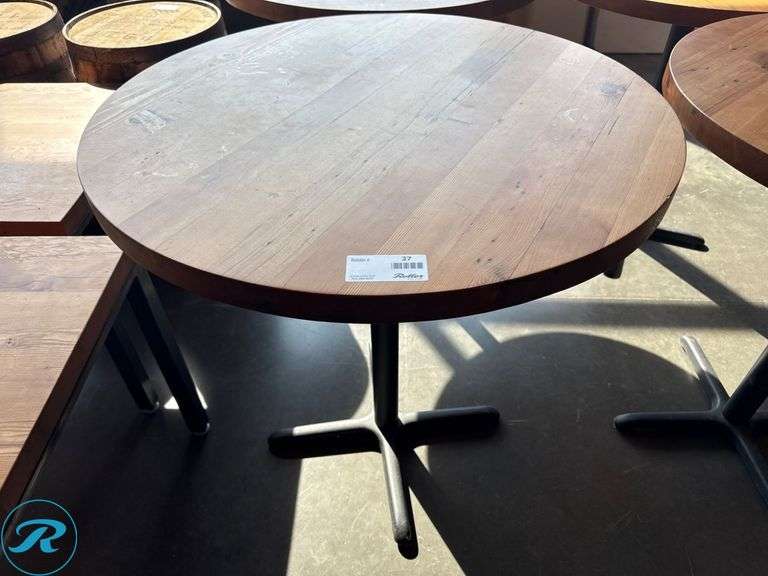 (3) Round Wood Bar Height Tables with Metal Bases, 42in - Roller Auctions