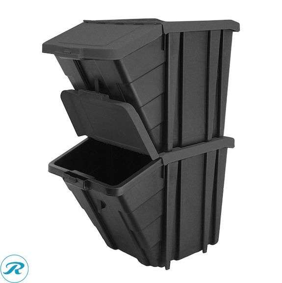 (12) New- Project Source Medium 16-gallon (64 quart) Black/Black Heavy Duty Stackable Tote with Hinged Lid - Roller Auctions