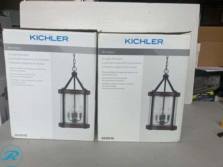 (2) New- Kichler Barrington 4 -Light Distressed Black and Wood Tone Rustic Seeded glass Cylinder Medium Hanging Pendant light - Roller Auctions