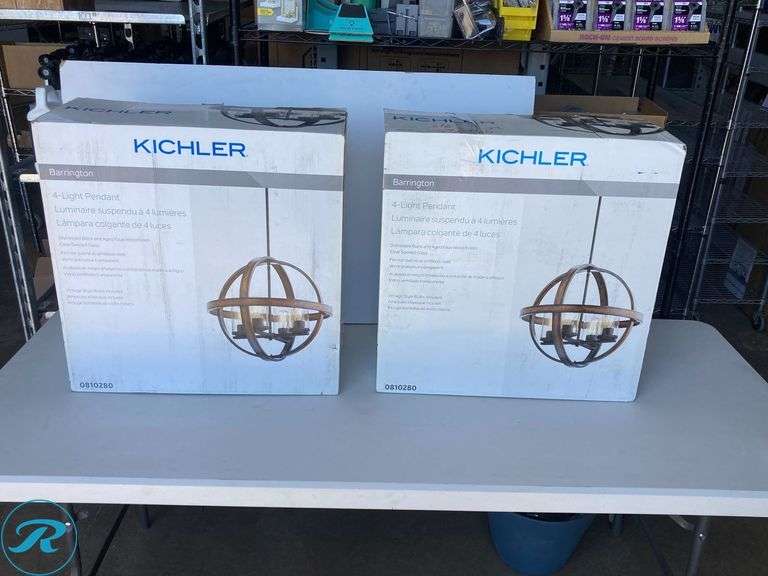 (1) New- Kichler Barrington 4 -Light Distressed Black and Wood Tone Rustic Seeded glass Globe Medium Hanging Pendant light - Roller Auctions