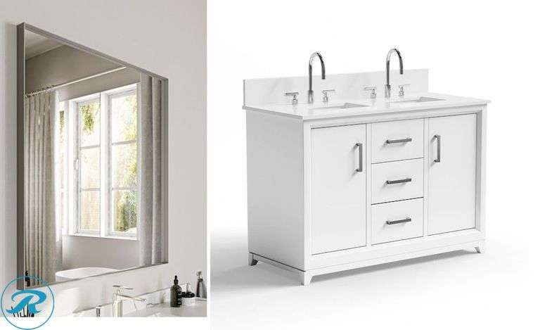 (2) Display Model (1) VOUA 48-in White Double Sink Bathroom Vanity with White Ceramic Top (faucet not included - has minor scratches and minor crack on top see photos) (1) New- waterpar 36-in x 36-in Framed Rectangle Bathroom Vanity Mirror ( Silver ) (total of 2 items)