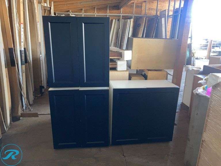 (3) Cabinets (1) Hugo&Borg Lorette 33-in W x 34.5-in H x 14-in D Navy Blue Base Fully assembled Cabinet (Recessed Panel Shaker) (2) Hugo&Borg Lorette 27-in W x 34.5-in H x 14-in D Navy Blue Base Fully assembled Cabinet (Recessed Panel Shaker) - Roller Auctions