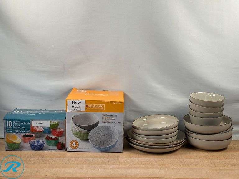 Options: 16 Pc Dinnerware Set- Like New/ (1) Plate Chipped; 10 pc Botanical Stoneware Bowls- New/ (1) Bowl is Chipped; Denmark: Set of 4 Bowls- New/ 2 Bowls Missing