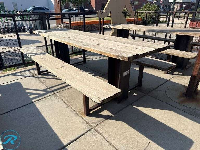Wood and Metal Outdoor Picnic Table, 28.5” x 95”
