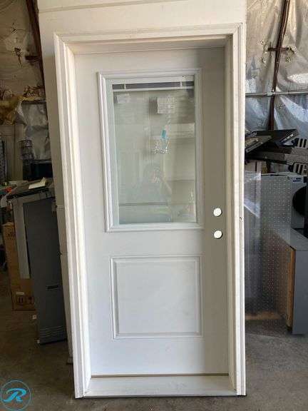 (1) New- RELIABILT 36-in x 80-in x 6-9/16-in Steel Half lite Left-hand inswing Primed Prehung Front Door with Brickmould Insulating core with Blinds (total of 1) - Roller Auctions