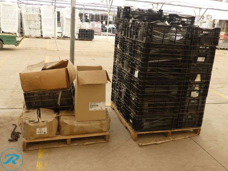 (2) Pallets of Plastic Crates, Information Stakes, Plant Clips, and Cap N Grow Accessories - Roller Auctions