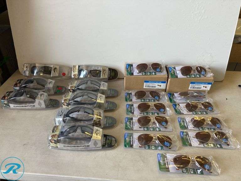 (19) New- (3) Crossfire Articus Plastic safety glasses black (5) Crossfire Mach 1 Plastic Safety glasses (11) Hilmman Womens Polarized Golf Plastic sunglasses (total of 19 items) - Roller Auctions