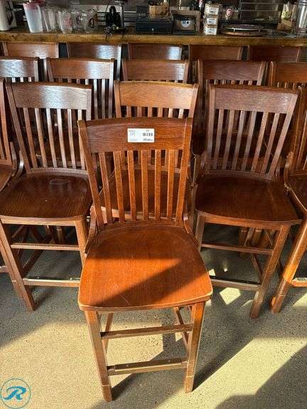 (10) Wood Bar Stools with Slatted Backrests and Brass Footguard - Roller Auctions