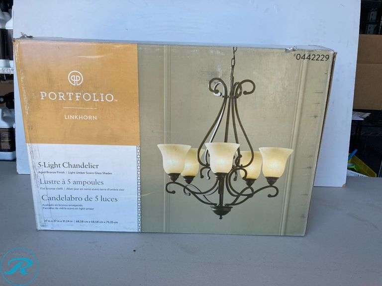 (1) New- Portfolio Linkhorn 5-Light Iron Stone Vintage Dry rated Chandelier - Roller Auctions