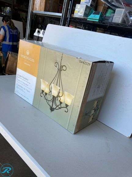 (1) New- Portfolio Linkhorn 5-Light Iron Stone Vintage Dry rated Chandelier - Roller Auctions