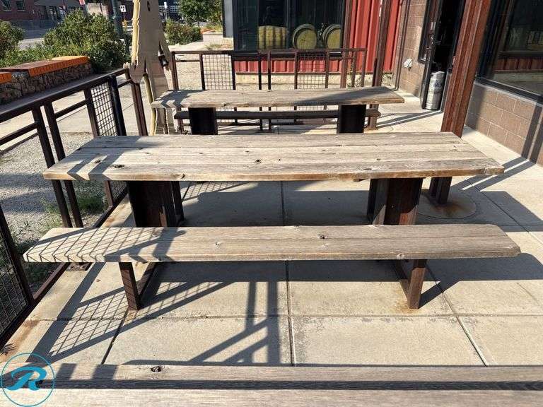 Wood and Metal Outdoor Picnic Table, 28.5” x 95” - Roller Auctions