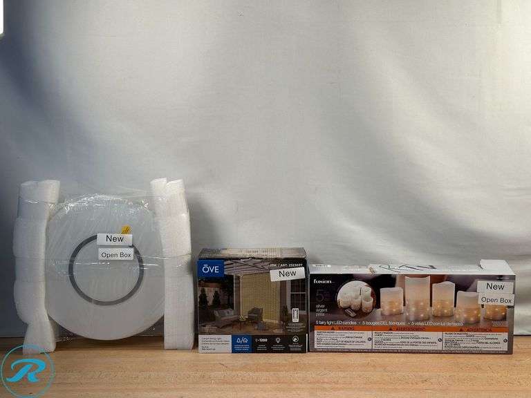 Artika: Horizon LED Ceiling Light Fixture- New/ Open Box; OVE: Curtain String Lights with Remote Control- New, Fusion: 5 Fairy Light LED Candles- New/ Open Box