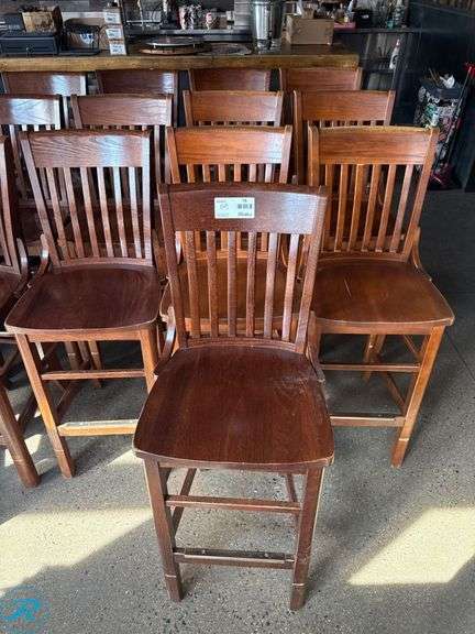 (10) Wood Bar Stools with Slatted Backrests and Brass Footguard - Roller Auctions