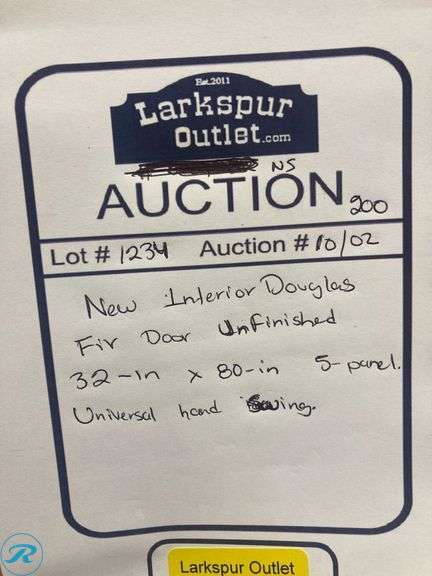 (1) New- Interior Douglas Fir Door Unfinished 32" x 80" 5-panel universal hand swing (see photos) - Roller Auctions