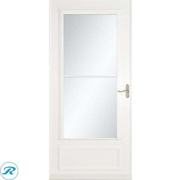 (1) New- LARSON 40 Midview 36-in x 81-in White Wood core Reversible Hinge Storm Door with Retractable Screen ( Brushed nickel Handle Included ) - Roller Auctions