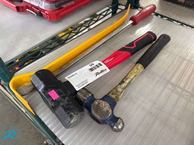 Hand Tools Including Sledgehammer, Claw Hammer, and Pry Bar