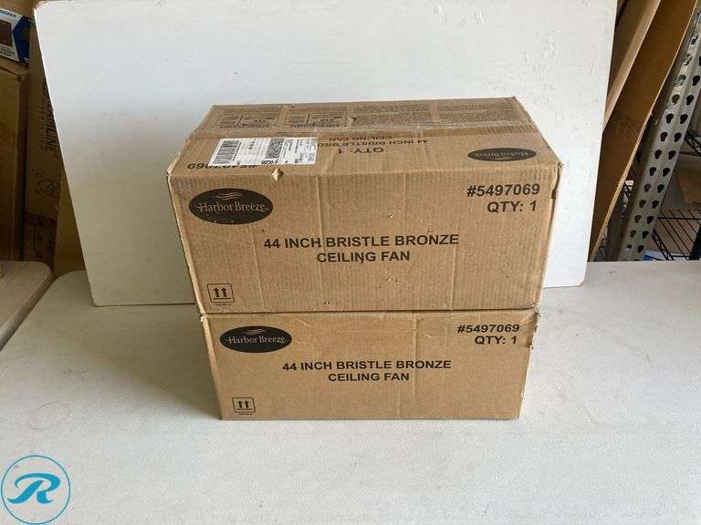 (2) New- Harbor Breeze Bristle 44-in Integrated LED Flush Mount Bronze with Oak Brown Blades Ceiling Fan With Light 5 -Blade ) - Roller Auctions