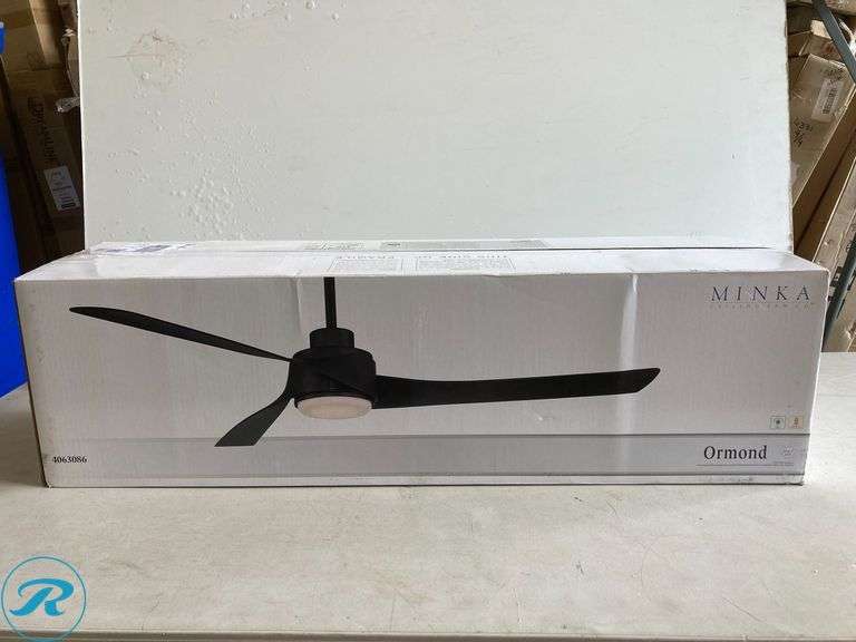 (1) New- Minka Ceiling Fan Co. Ormond 60-in Integrated LED Matte Black with Black Blades Ceiling Fan With Light - Remote Included ( 3 -Blade ) - Roller Auctions