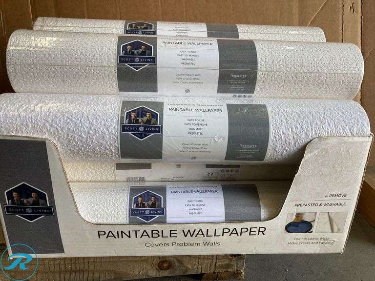 (11) New- (3) Scott Living 56.4-sq ft White Vinyl Paintable Textured Abstract 3D Prepasted Water Activated Paste Wallpaper (8) Scott Living 56.4-sq ft White Vinyl Paintable Textured Abstract 3D Prepasted Water Activated Paste Wallpaper - Roller Auctions