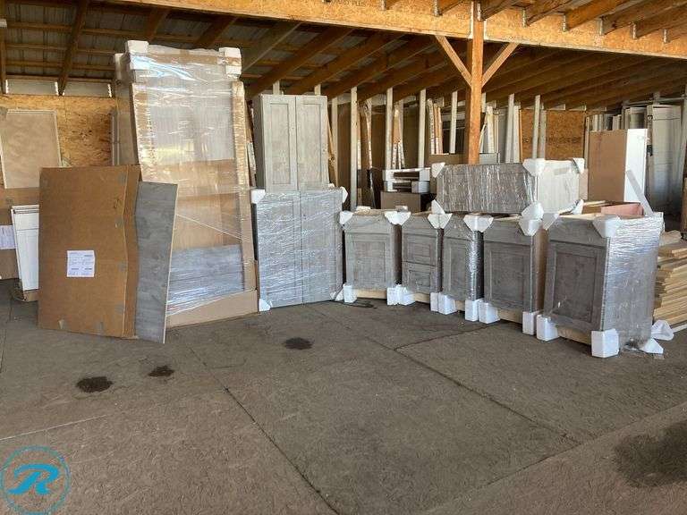 (10) Kitchen Cabinets Rustic weathered Grey Wall Cabinets (1) 48" x 34.5" x Base (1) 18" x 35" x 34" x 24" Door w/drawer (2) 18" x 32" x 22" drawer and door (1) 15" x 32" x 22 3 drawer (1) 12" x 32" x 21 Drawer with door Wall Cabinets (1) 24" x 33 x 12 2 doors (1) 33" x 42" x 12 two door (1) 36" x 15" x 24" 2 door (1) 33" x 87" x 24" appliance cabinet