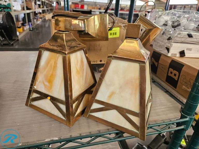 Rejuvenation Brass and Slag Glass Wall Sconces