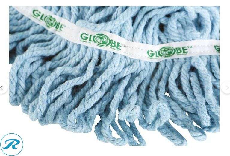Globe Commercial Products: Synthetic Wet Mop- Looped End Refill, 12ct, Blue- New; (3) Natural Wood Mop Handle, Black Tip- New - Roller Auctions