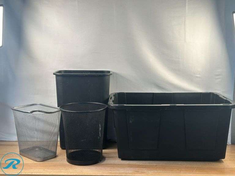 (3) Small Trash Cans- Used/ Small Damage; (1) 27 Gallon Storage Container- Used/ Small Crack/ No Lid - Roller Auctions