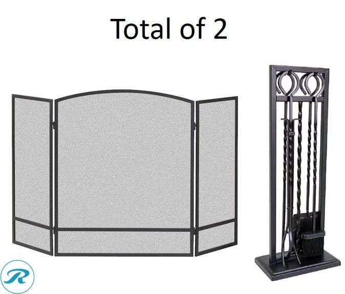 (2) New- (1) Master Forge 48-in Black powder coated Steel 3 -Panel Arched Fireplace Screen (1) Master Forge 5 -Piece Steel Fireplace Tool Set - Roller Auctions