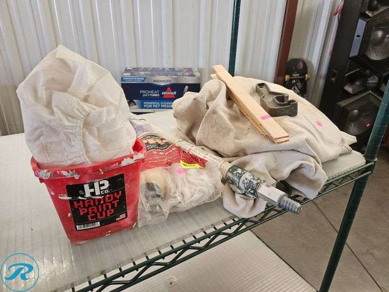 Painting Supplies Including Rollers, Extension Pole, and Cloths