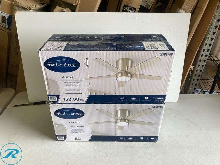 (2) New-Harbor Breeze Quonta 52-in Integrated LED Flush Mount Brushed Nickel with Matte Black/Brushed Nickel Blades Ceiling Fan With Light ( 5 -Blade ) - Roller Auctions