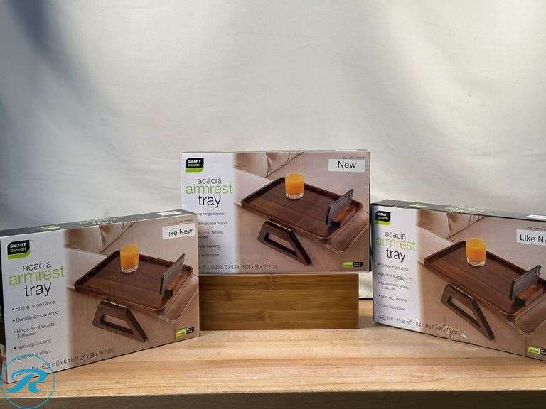 (3) Smart Design Acacia Armrest Tray - New - (1) New/ (2) Like New - Roller Auctions