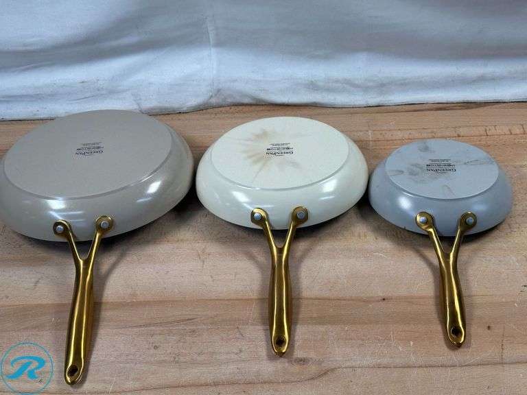Linkfair: Stainless Steel BBQ Baskets, 2-pack- New; The Original Green Pan: 3pc Fry Pan Set- Like New; Tramontina: 3pc Fry Pan Set- Used - Roller Auctions