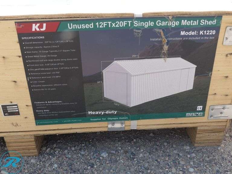 New KJ K1220 Single Garage Metal Shed, 12' x 20' x 9' High - Roller Auctions