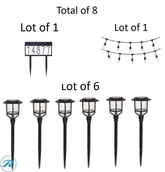 (8) New- (6) Harbor Breeze Path light 10 -Lumens Black Solar LED Outdoor Path Light ( 3000-K ) (1) Harbor Breeze 12 -Lumens 0.3 -Watt Black Solar LED Outdoor Path Light ( 5000-K ) (1) Harbor Breeze 27-ft Solar Black Indoor/Outdoor String Light with 10 White -Light LED Edison Bulbs - Roller Auctions