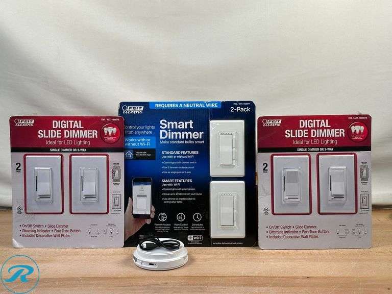 Infinity X1: Motion Activated Puck Light- New/ Open Box; (2)Feit Electric: Digital Slide Dimmer for Led Lighting 2 PK- New/ Open Box; Feit Electric: Smart Dimmer, 2pk- New - Roller Auctions