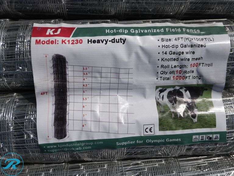 (10) New Rolls of KJ K1230 Hot-Dip Galvanized Field Fence, 4' H x 100' L, 14-Gauge Wire, 1,000-Total Feet - Roller Auctions