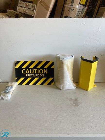 (Set of 2) Pallet of racking post guard protectors 12" and predrilled holes and caution sign - Roller Auctions