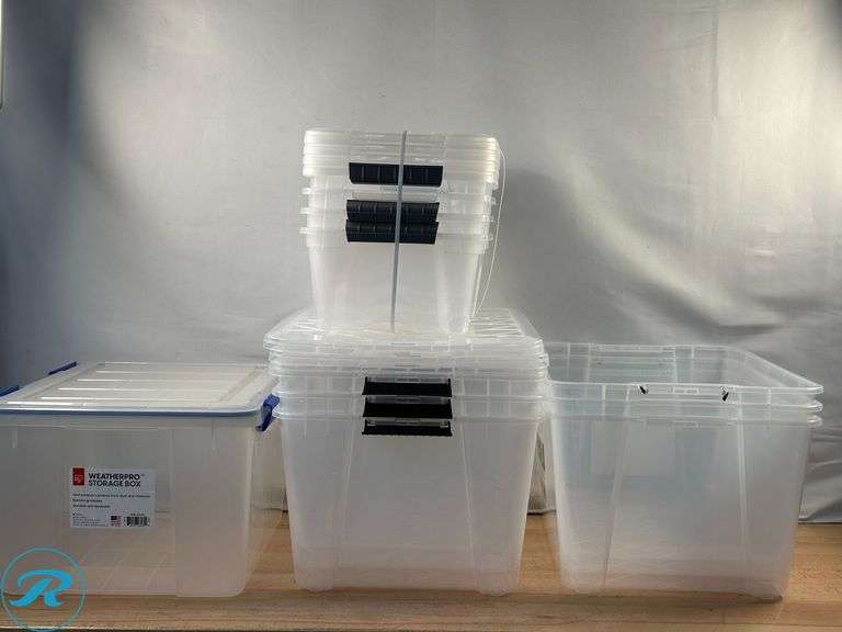 (1) Iris: 44 Qt Storage Container- New/ Cracked; Iris: 12.9 qt Storage Container, 4pk- New/ Missing Handles; (6) Instaview: 45qt Storage Containers- New/ (3) Missing Lids and Damaged Handles - Roller Auctions