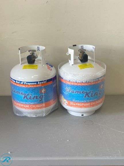 (2) New- Flame King 20lb empty LP cylinder OPD valve built in gauge steel empty propane tank - Roller Auctions