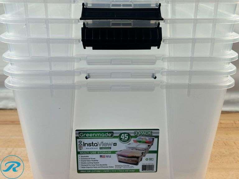 (1) Iris: 44 Qt Storage Container- New/ Cracked; Iris: 12.9 qt Storage Container, 4pk- New/ Missing Handles; (6) Instaview: 45qt Storage Containers- New/ (3) Missing Lids and Damaged Handles - Roller Auctions