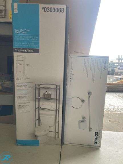 (2) New- (1) allen + roth 25-in x 63.5-in x 9.5-in Brushed Nickel 3-Shelf Over-the-Toilet Storage (1)KOHLER 3 -Piece Desette Vibrant Brushed Nickel Decorative Bathroom Hardware Set Towel Bar, Toilet Paper Holder, Towel Ring Included - Roller Auctions