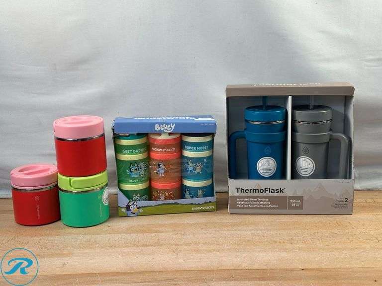 (3) ThermoFlask: 20 oz Insulated Food Jar- Used; ThermoFlask: 32 oz Insulated Straw Tumbler- New; Whiskware: Bluey Snack Stacks- Like New - Roller Auctions