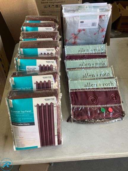 (13) New- Assorted Home Supply Includes (7) curtain panels 54" x 84" Wine Color (4) Pillow Cover 18" x 18 Wine Color (2) Shower Curtains 70" x 72" Gray with Coral flowers - Roller Auctions