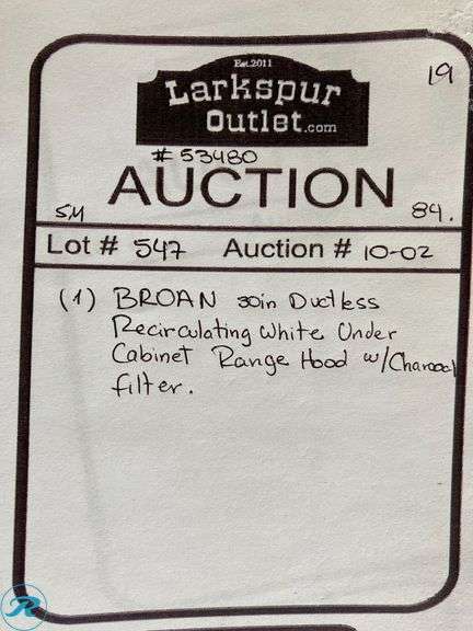 (1) New- Broan 30 inch Ductless Recirculating White Under Cabinet Range Hood with Charcoal Filter - Roller Auctions