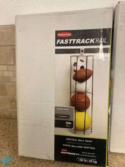 (5) New- (4) Rubbermaid Foottrack garage 37" satin nickel Steel ball Rack (1) rail mount Bike and Ladder Lift - Roller Auctions