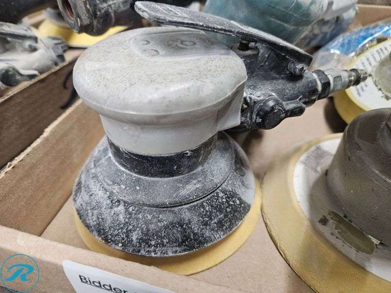 Tray of Pneumatic Orbital Sanders, Pads, and Accessories - Roller Auctions