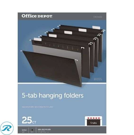 (12) Office Depot® Brand Hanging File Folders, 1/5-Cut, Letter Size, Black, Pack Of 25 Folders- New/ Damaged Boxes - Roller Auctions