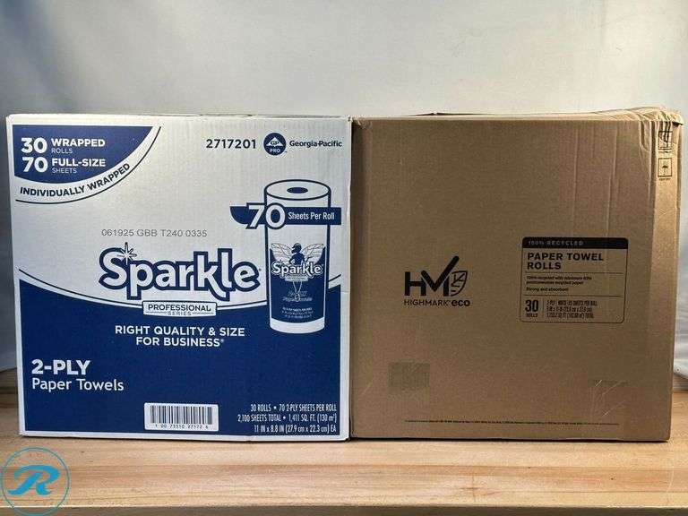 Highmark® ECO 2-Ply Paper Towels, 100% Recycled, 85 Sheets Per Roll, Case Of 30 Rolls- New/ Damaged Box; Sparkle® Professional Series by GP PRO 2-Ply Kitchen Paper Towels, 70 Sheets Per Roll, Pack Of 30 Rolls- New - Roller Auctions