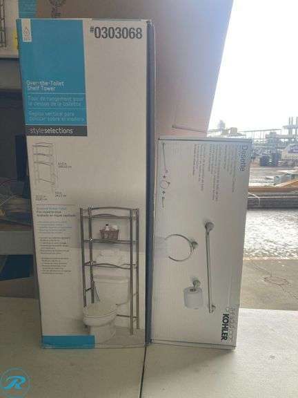 (2) New- (1) allen + roth 25-in x 63.5-in x 9.5-in Brushed Nickel 3-Shelf Over-the-Toilet Storage (1)KOHLER 3 -Piece Desette Vibrant Brushed Nickel Decorative Bathroom Hardware Set Towel Bar, Toilet Paper Holder, Towel Ring Included - Roller Auctions